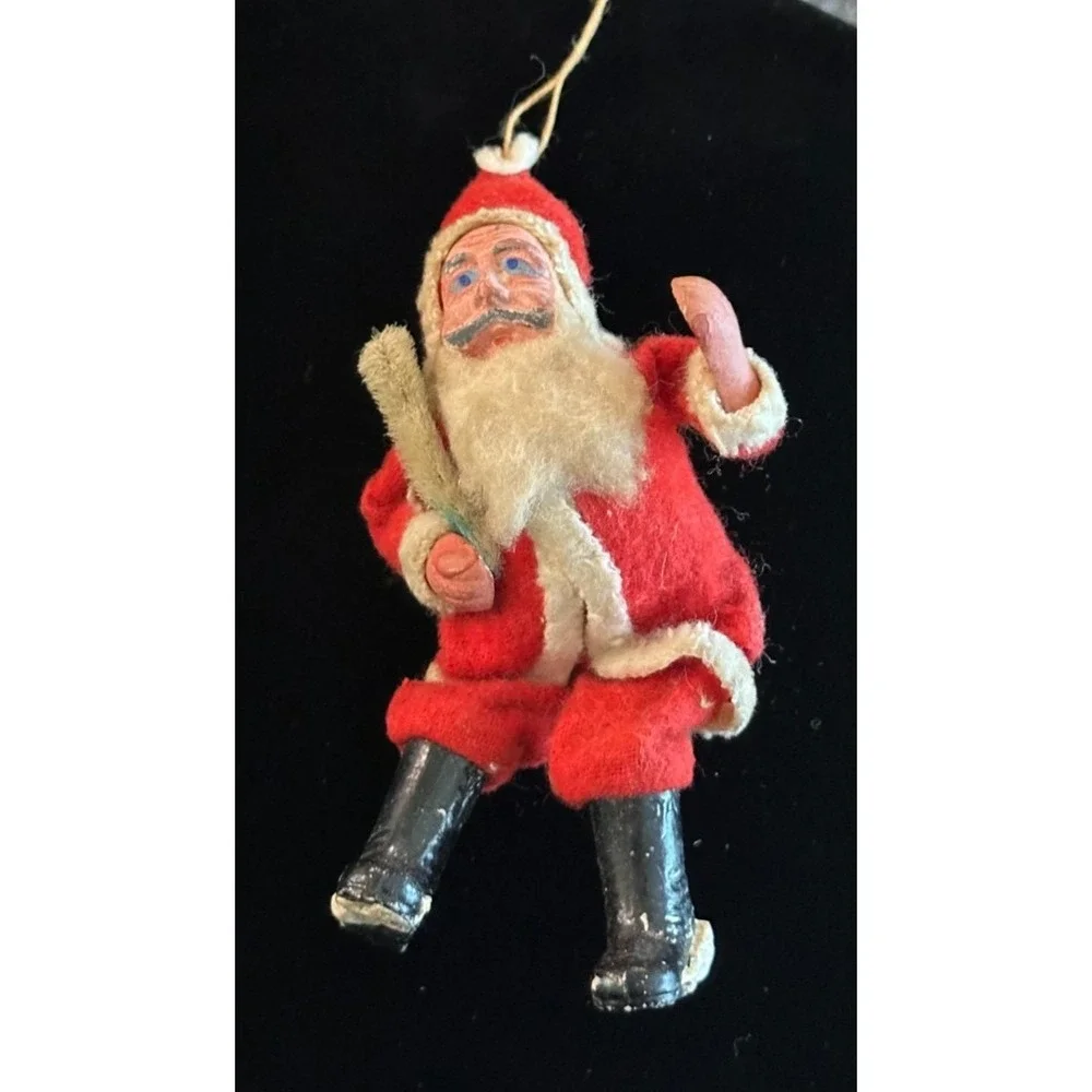 Vintage / Antique Clay Face and Hands Santa Christmas Ornament Felt Suit 5
